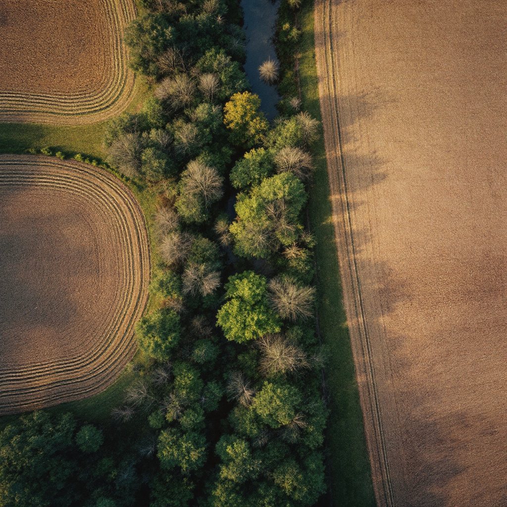 Farmland and wooded parcels across Montgomery County, Indiana from above