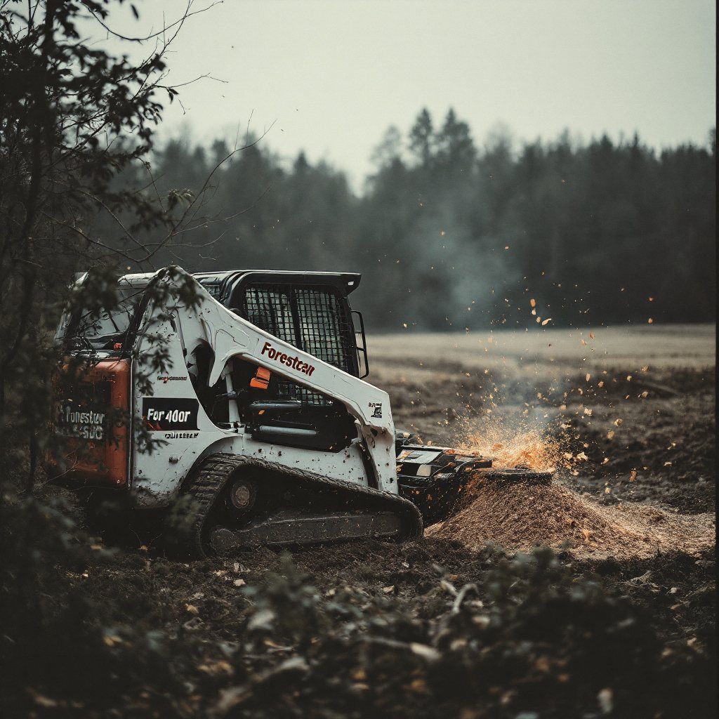 Mulcher head engaged in dense brush, chips flying